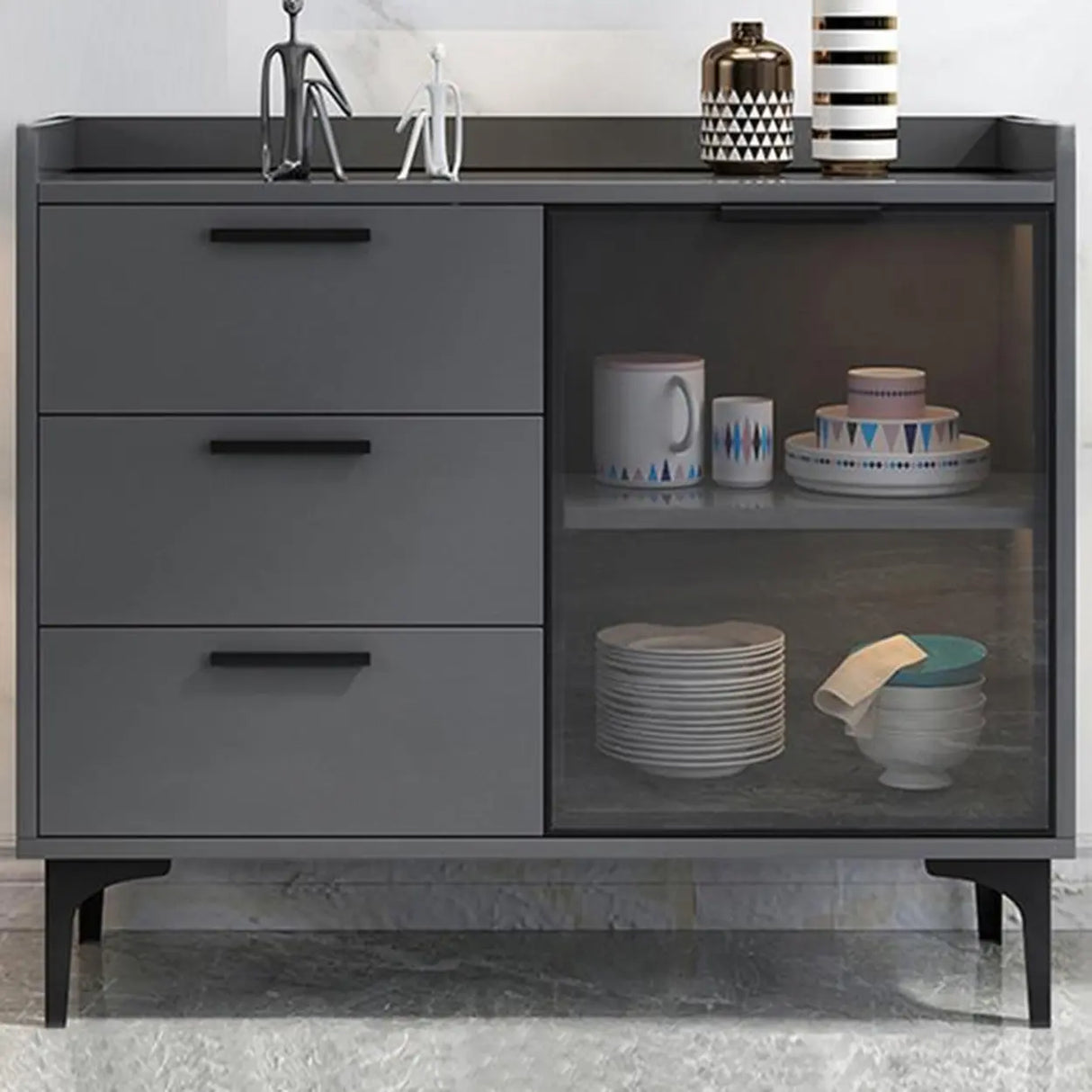 Living Room Metal Gray Storage Sideboard China Cabinet Image - 14