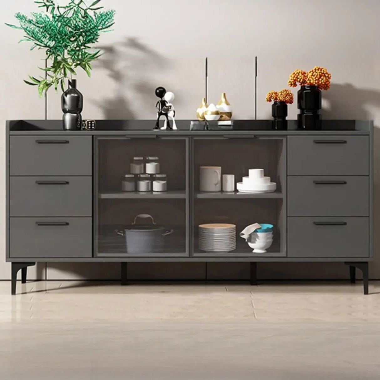 Living Room Metal Gray Storage Sideboard China Cabinet Image - 18