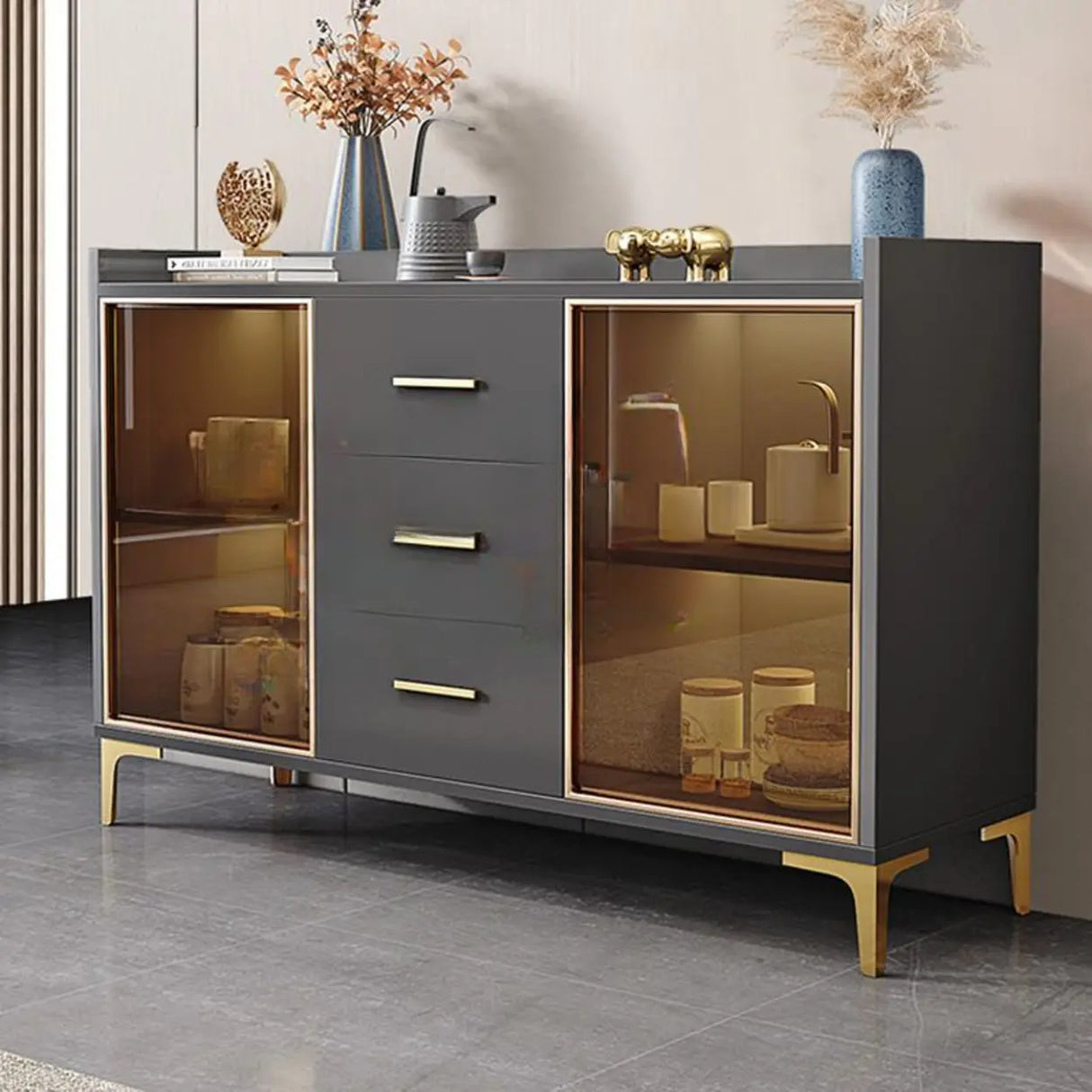 Living Room Metal Gray Storage Sideboard China Cabinet Image - 19