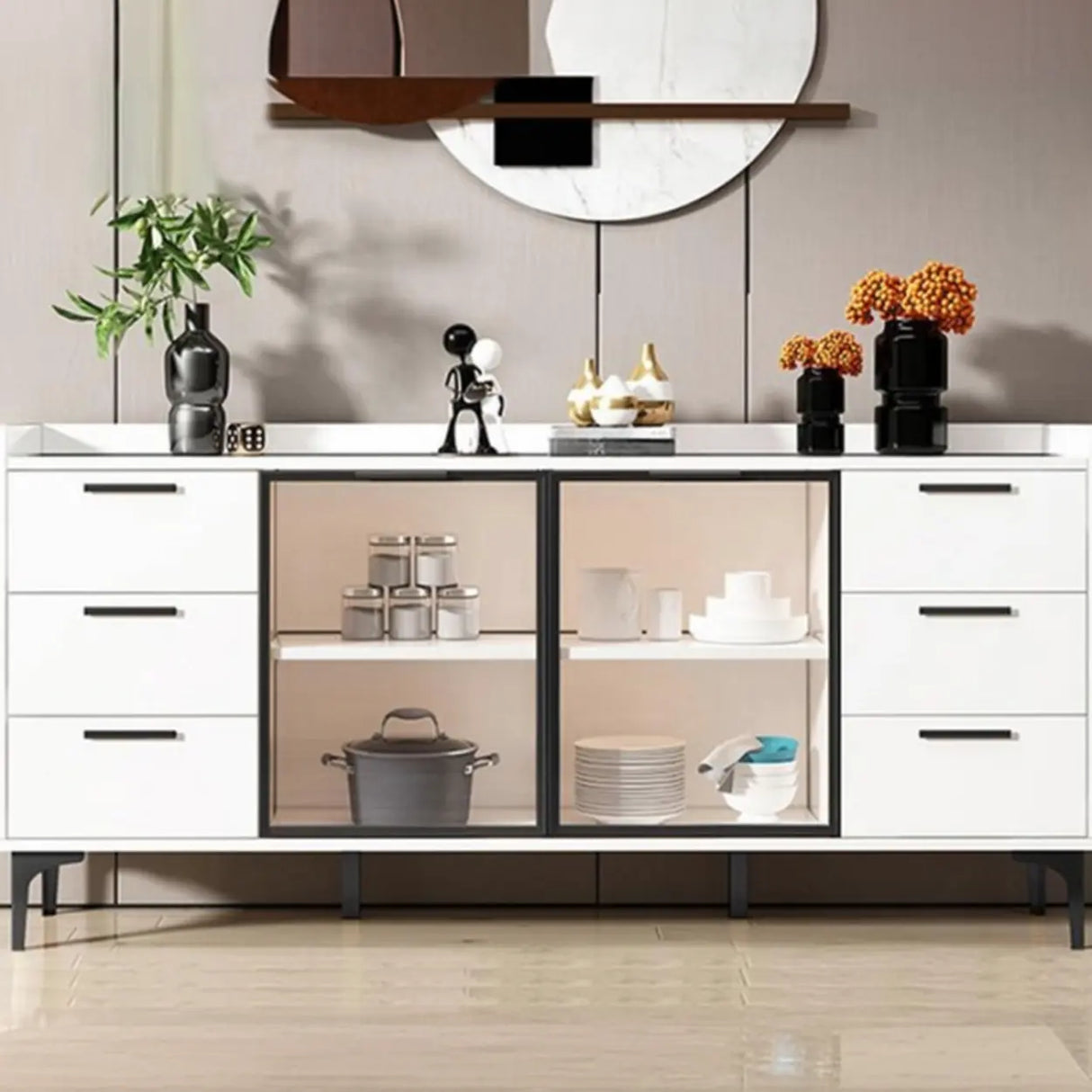 Living Room Metal Gray Storage Sideboard China Cabinet Image - 22