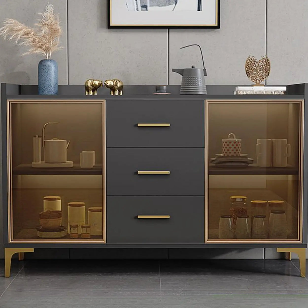 Living Room Metal Gray Storage Sideboard China Cabinet Image - 3