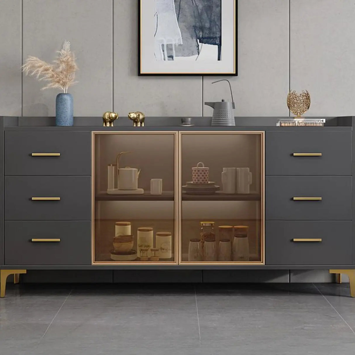 Living Room Metal Gray Storage Sideboard China Cabinet Image - 5