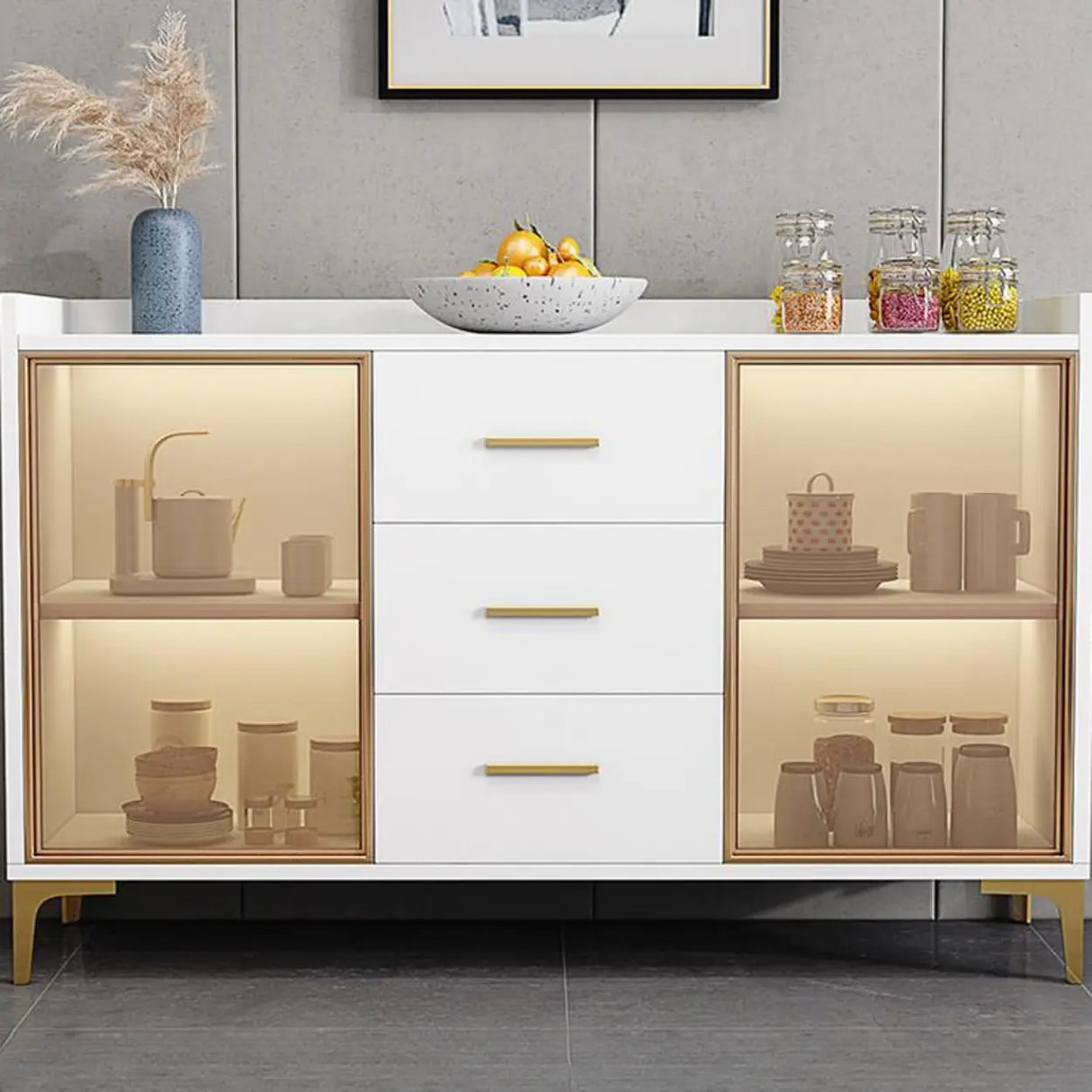 Living Room Metal Gray Storage Sideboard China Cabinet Image - 9