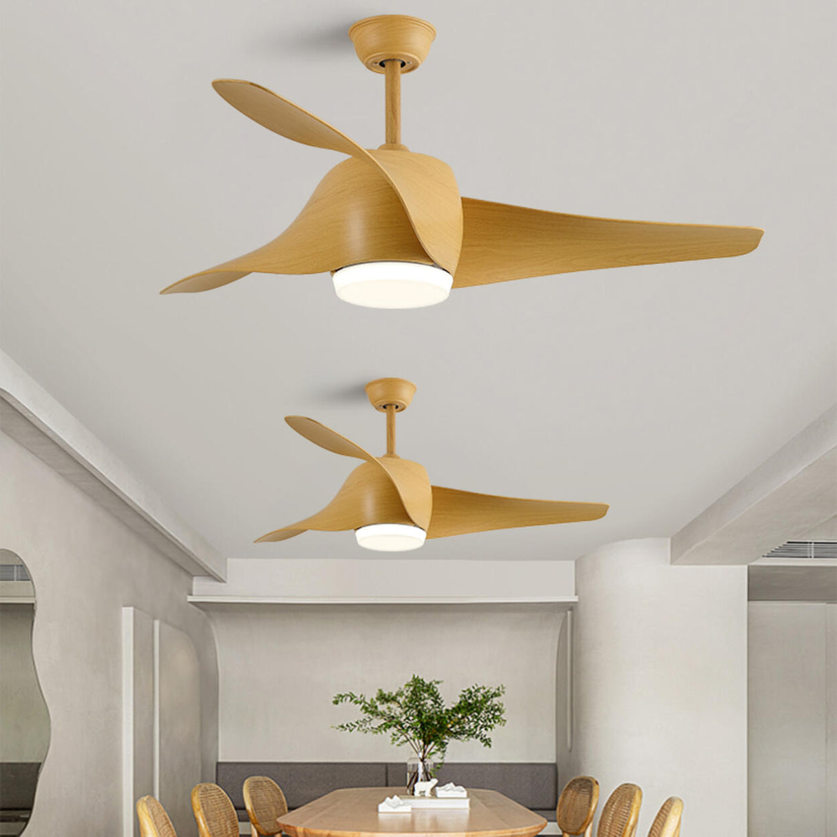Living Room Modern Wood 3 Blade LED Ceiling Fan Light Image - 2