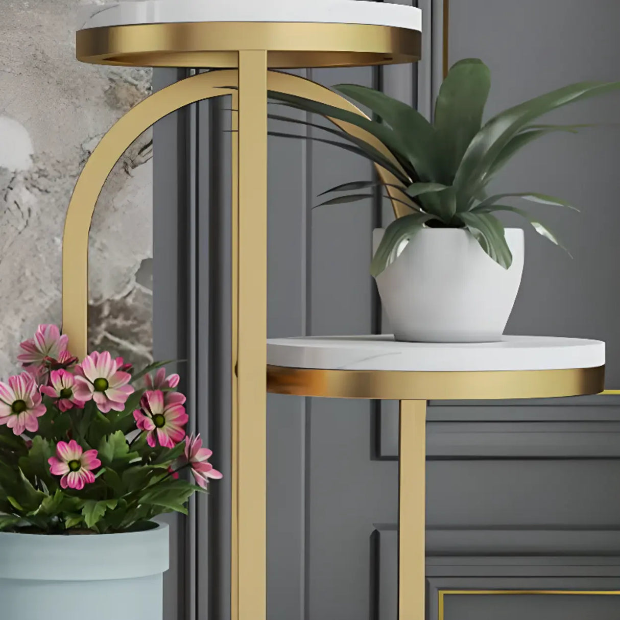 Living Room Round Metal Multi-Tier Plant Stand Cream Image - 11