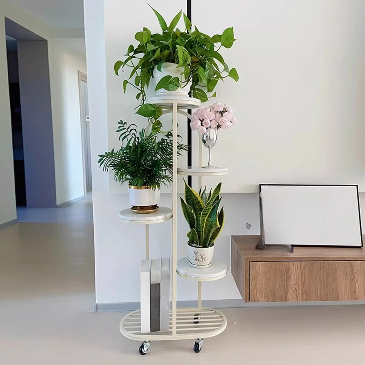 Living Room Round Metal Multi-Tier Plant Stand Cream Image - 8