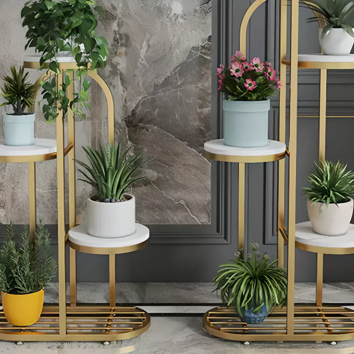 Living Room Round Metal Multi-Tier Plant Stand Cream Image - 9