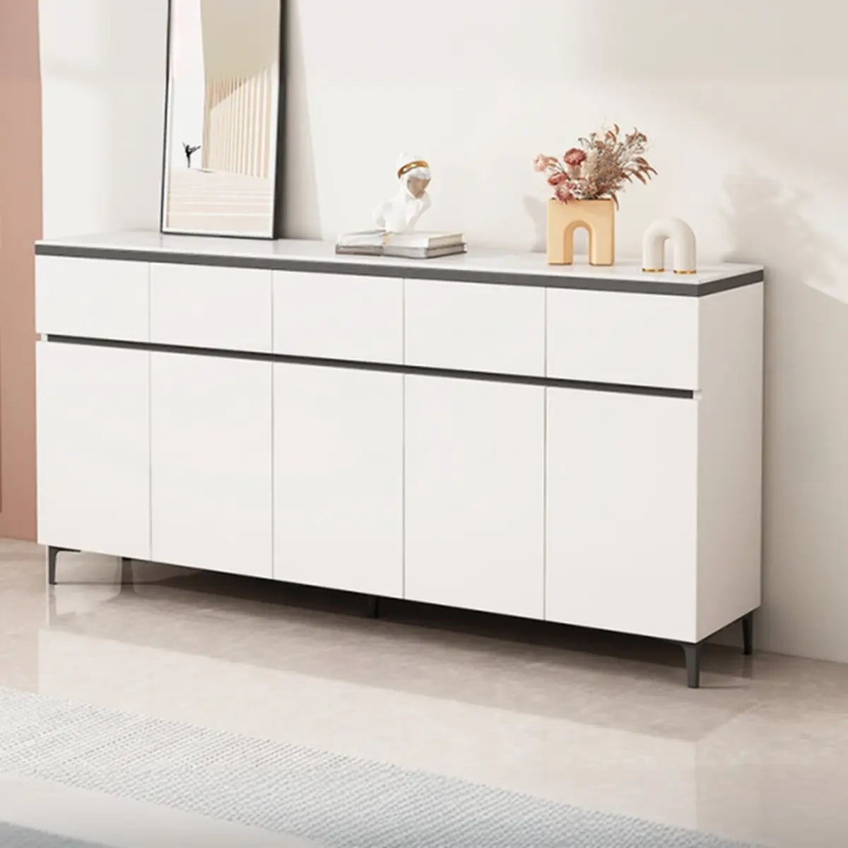 Living Room Stone Top Wood White Storage Buffet with Shelves Image - 10