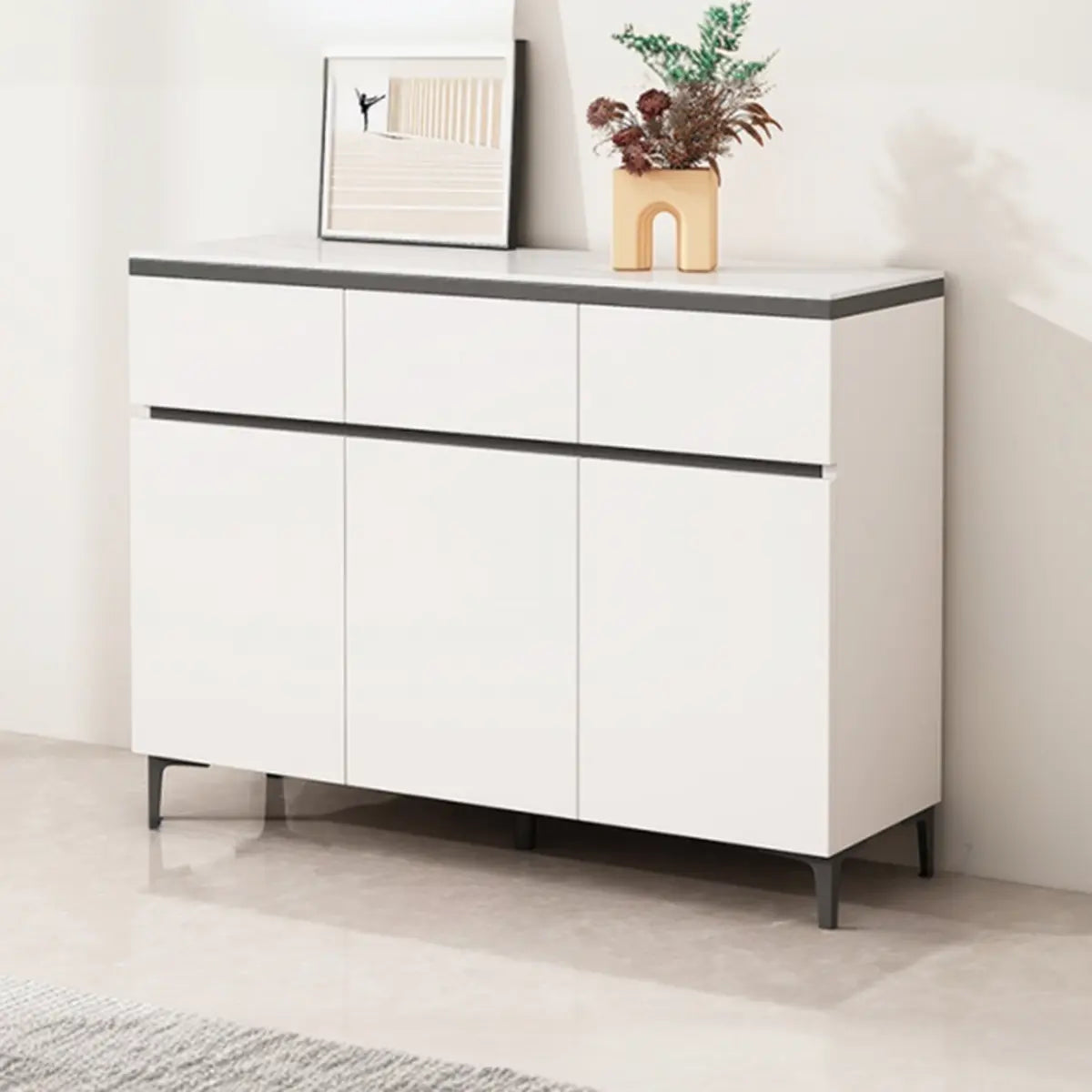 Living Room Stone Top Wood White Storage Buffet with Shelves Image - 11