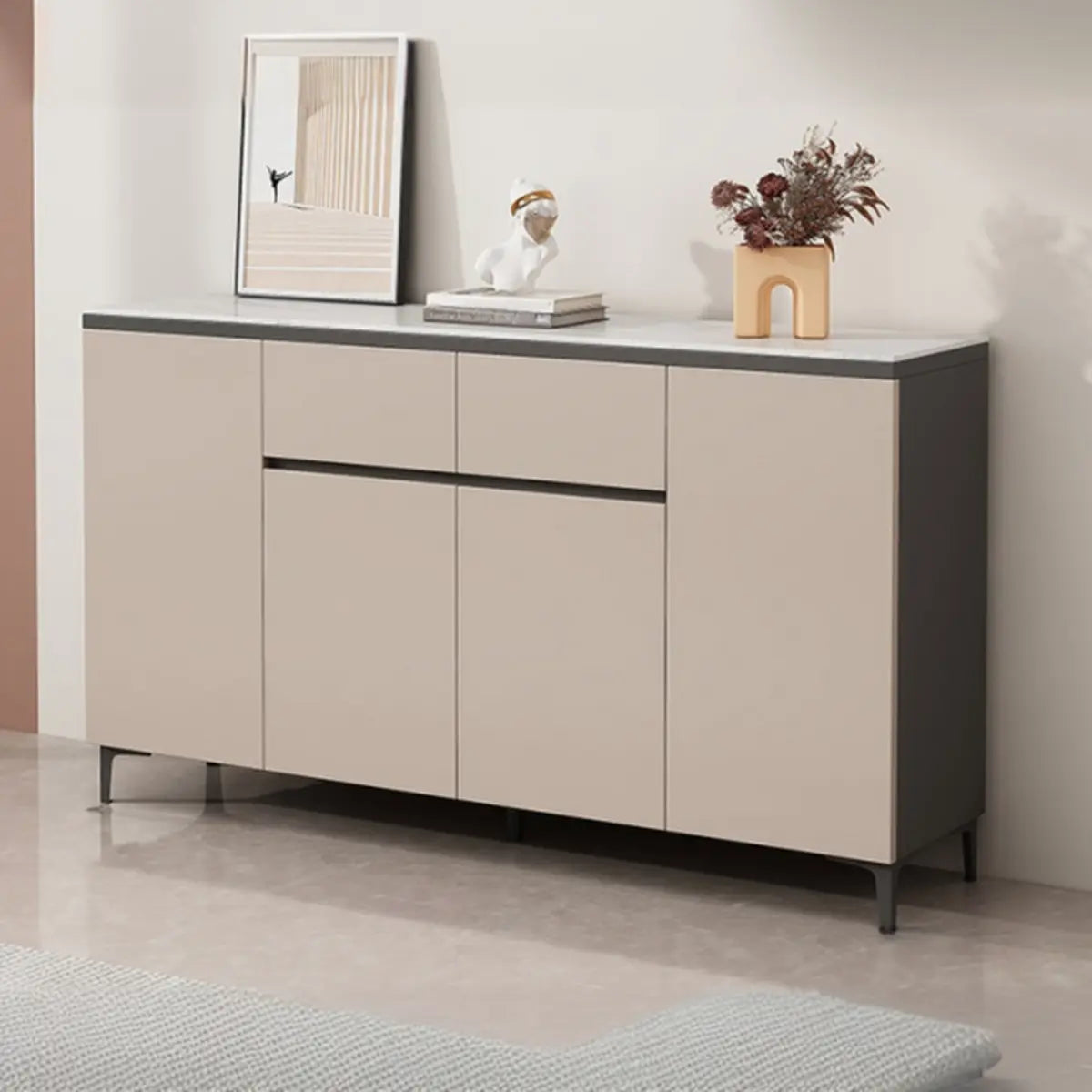 Living Room Stone Top Wood White Storage Buffet with Shelves Image - 12