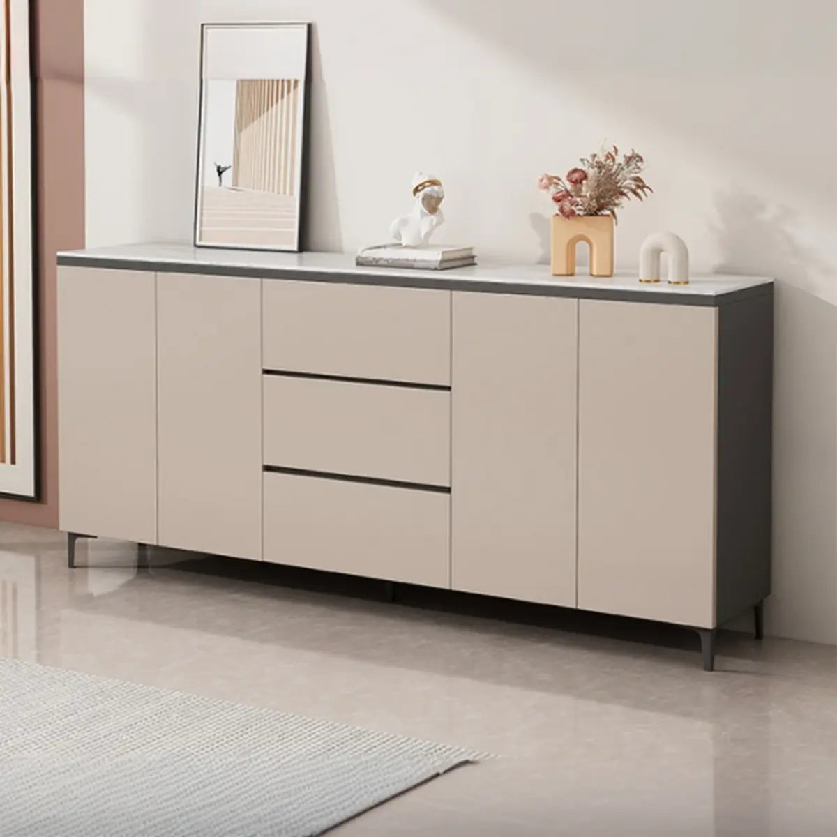 Living Room Stone Top Wood White Storage Buffet with Shelves Image - 13