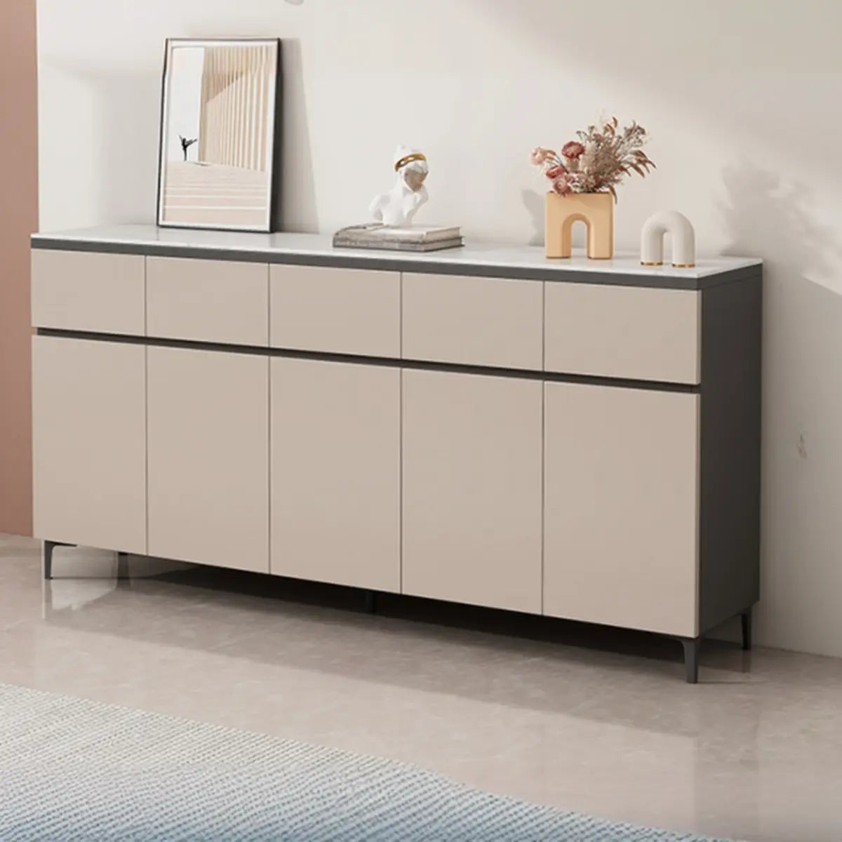 Living Room Stone Top Wood White Storage Buffet with Shelves Image - 14