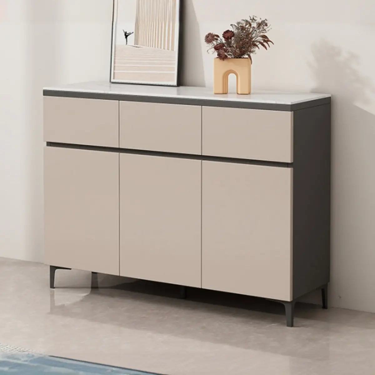 Living Room Stone Top Wood White Storage Buffet with Shelves Image - 15