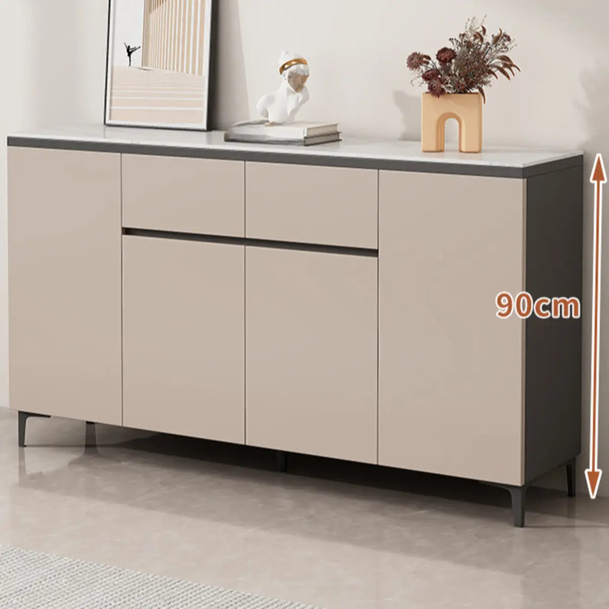 Living Room Stone Top Wood White Storage Buffet with Shelves Image - 18