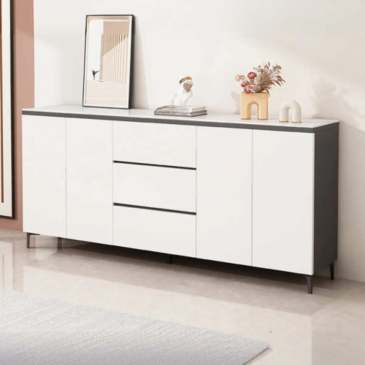 Living Room Stone Top Wood White Storage Buffet with Shelves Image - 3