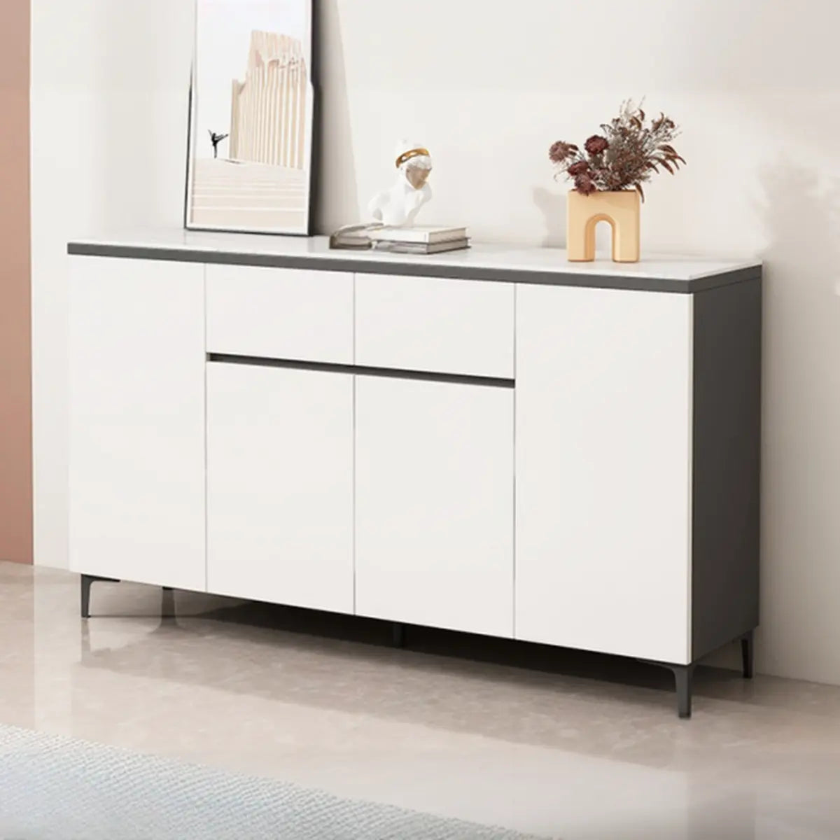 Living Room Stone Top Wood White Storage Buffet with Shelves Image - 4