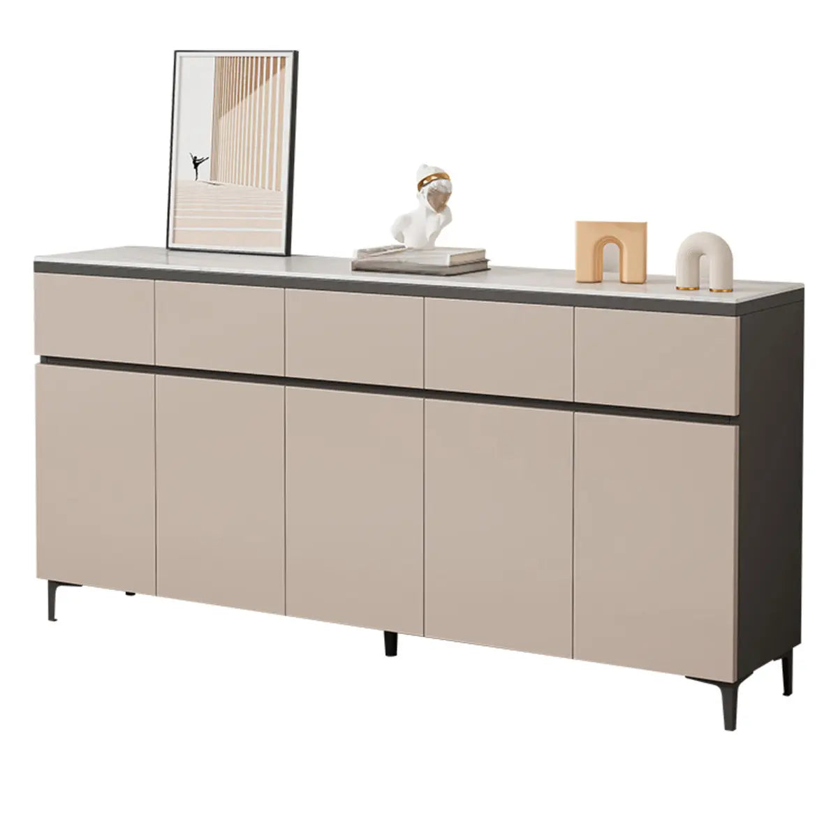 Living Room Stone Top Wood White Storage Buffet with Shelves Image - 5