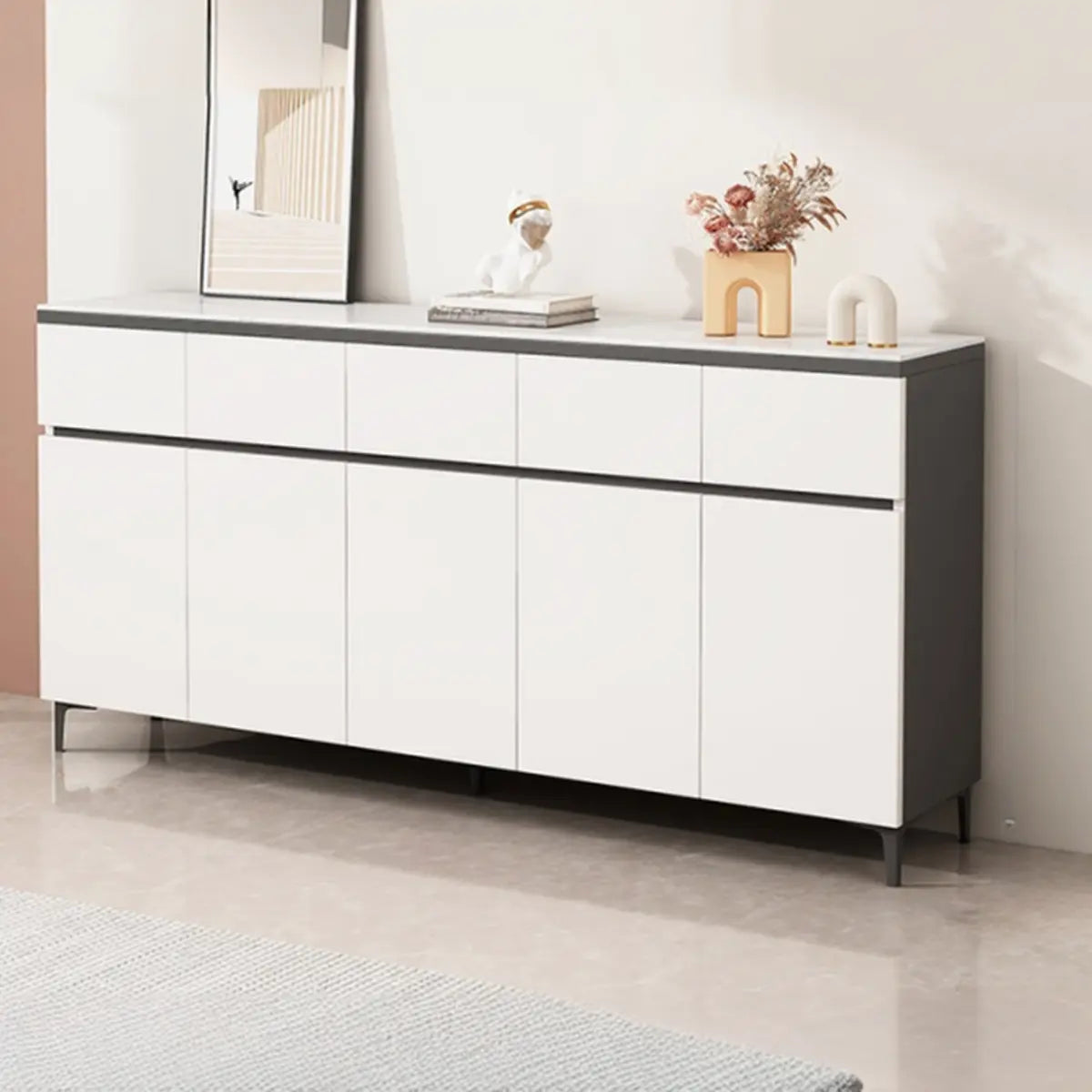 Living Room Stone Top Wood White Storage Buffet with Shelves Image - 6