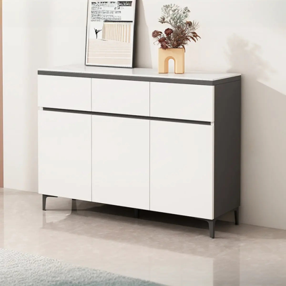 Living Room Stone Top Wood White Storage Buffet with Shelves Image - 7