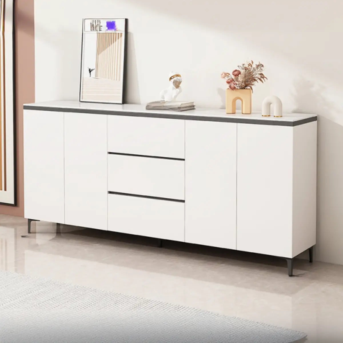 Living Room Stone Top Wood White Storage Buffet with Shelves Image - 8