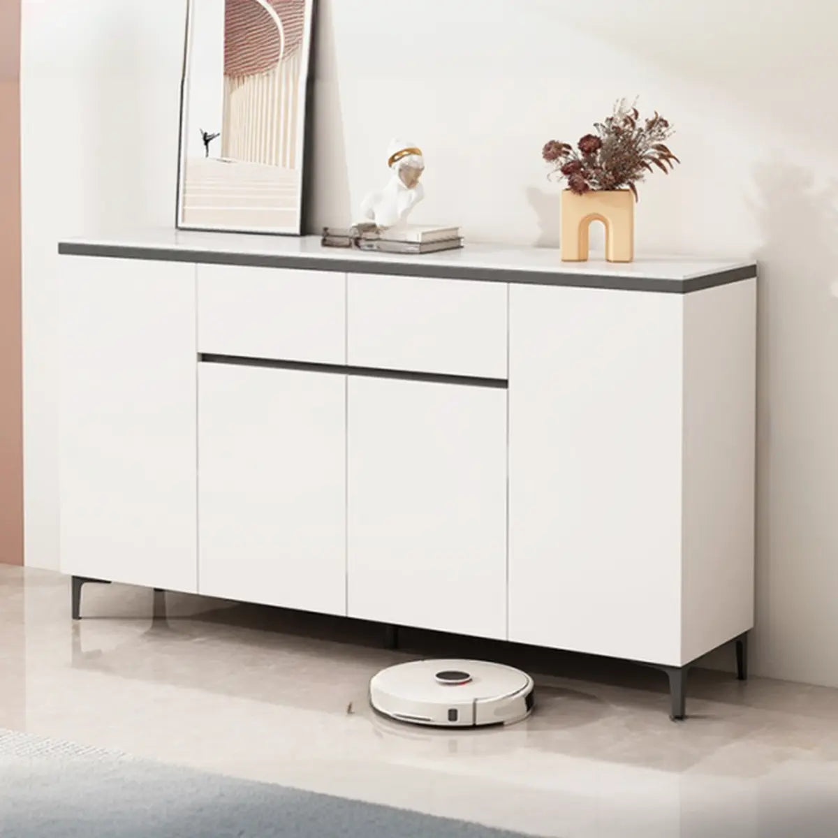 Living Room Stone Top Wood White Storage Buffet with Shelves Image - 9