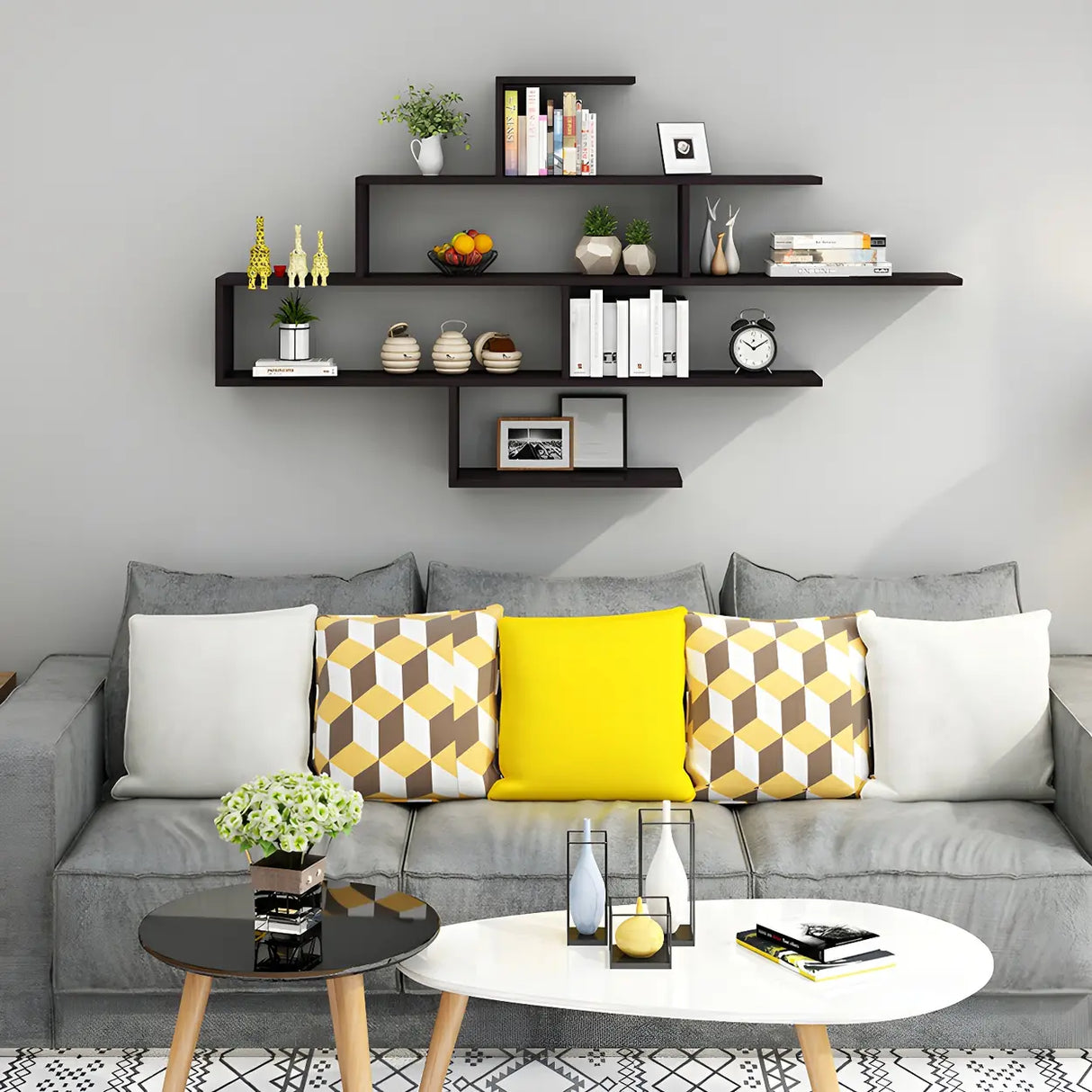 Living Room Wall-mounted Wood Display Bookshelf Black Image - 2