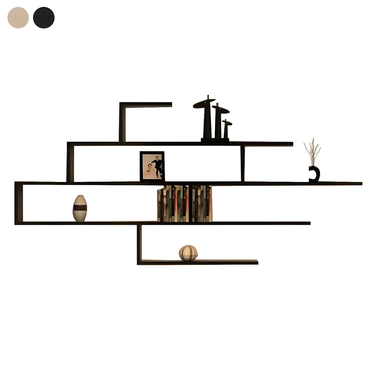 Living Room Wall-mounted Wood Display Bookshelf Black Image - 5