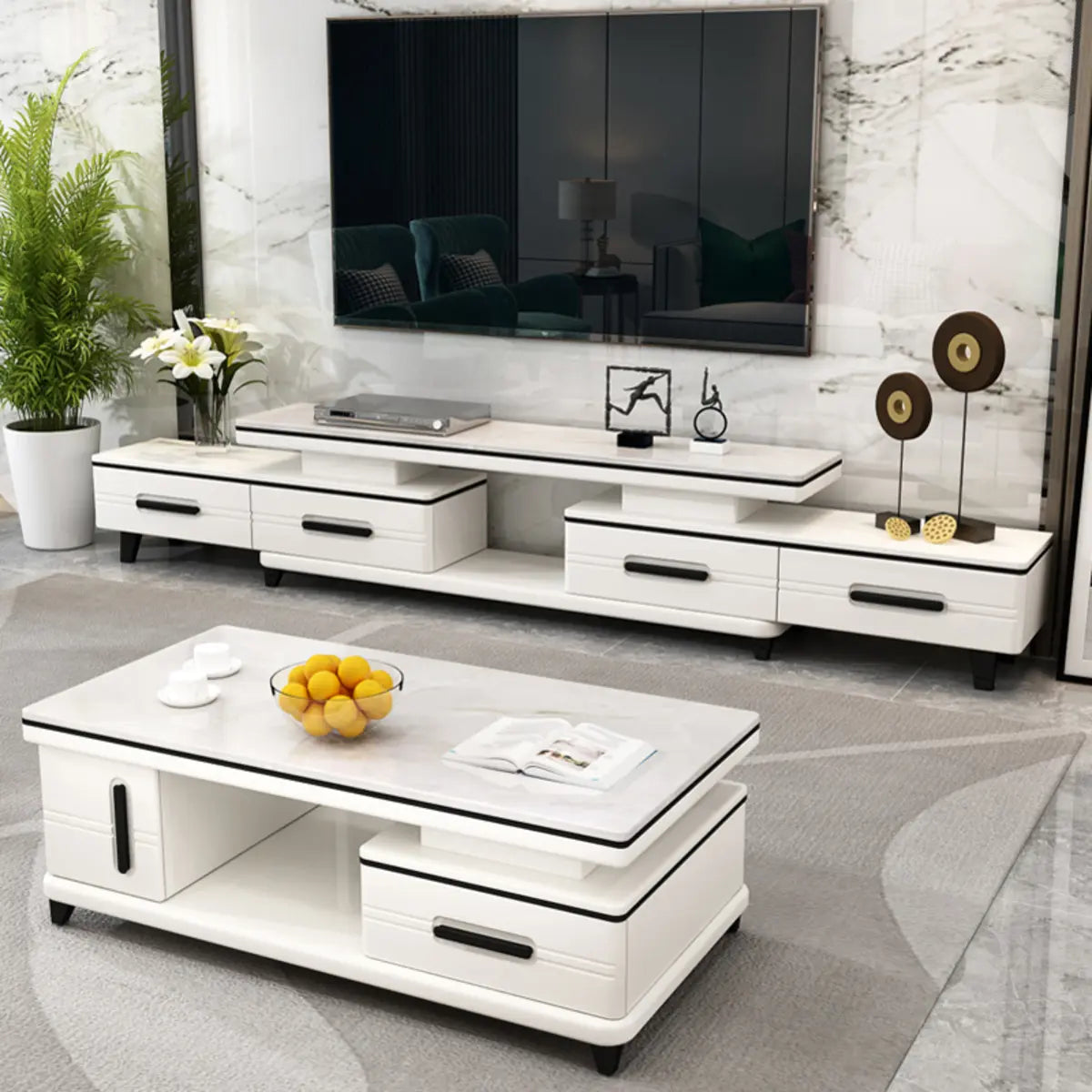 Living Room White Sintered Stone Drawers Long TV Stand Image - 4
