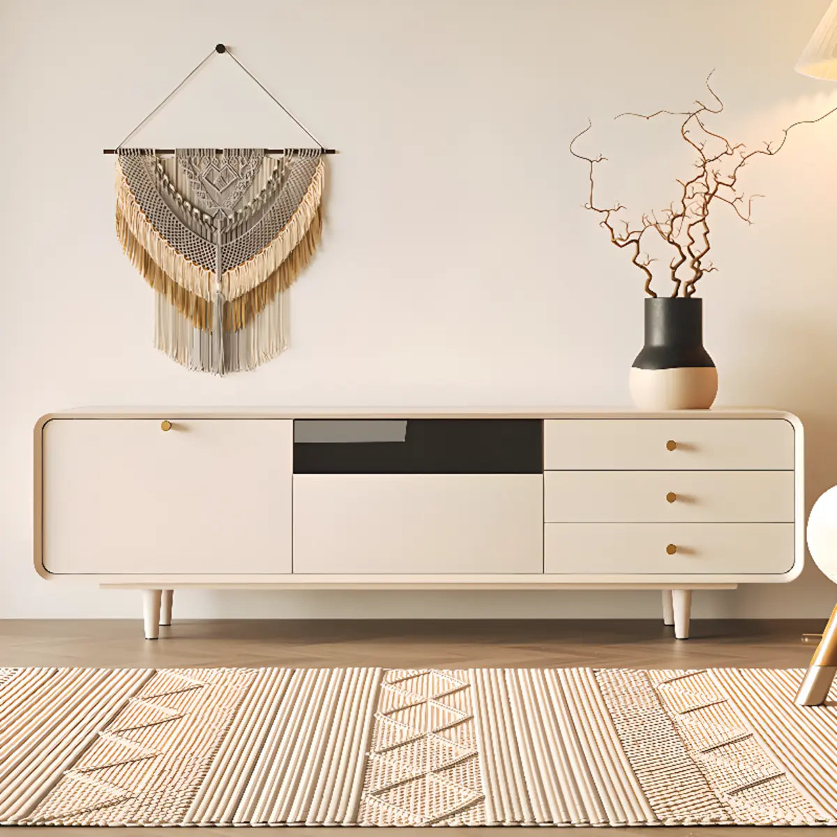 Living Room White Wood Enclosed Storage Long TV Stand Image - 1