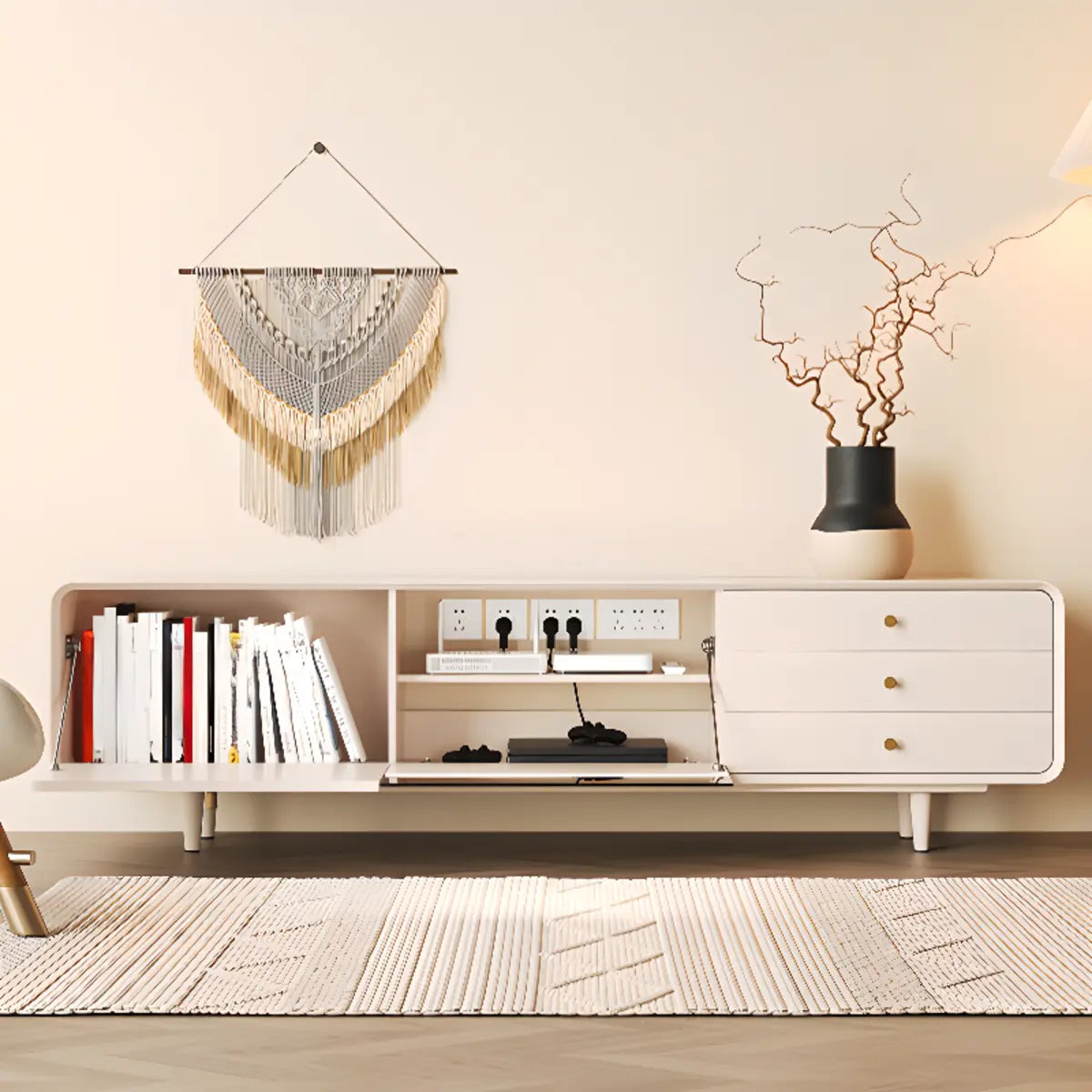 Living Room White Wood Enclosed Storage Long TV Stand Image - 4