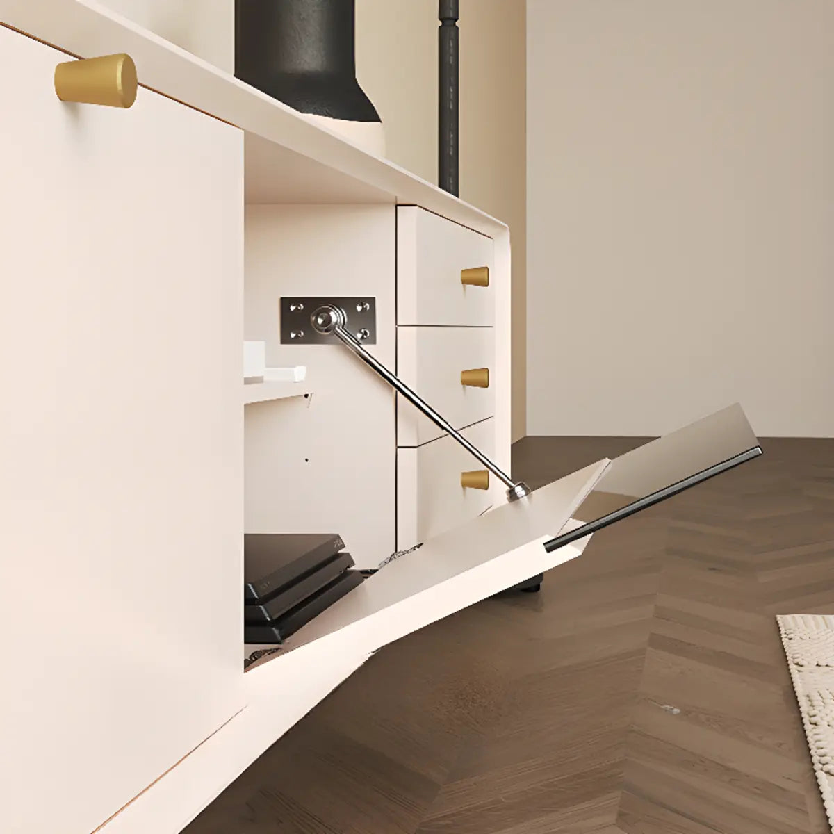 Living Room White Wood Enclosed Storage Long TV Stand Image - 5