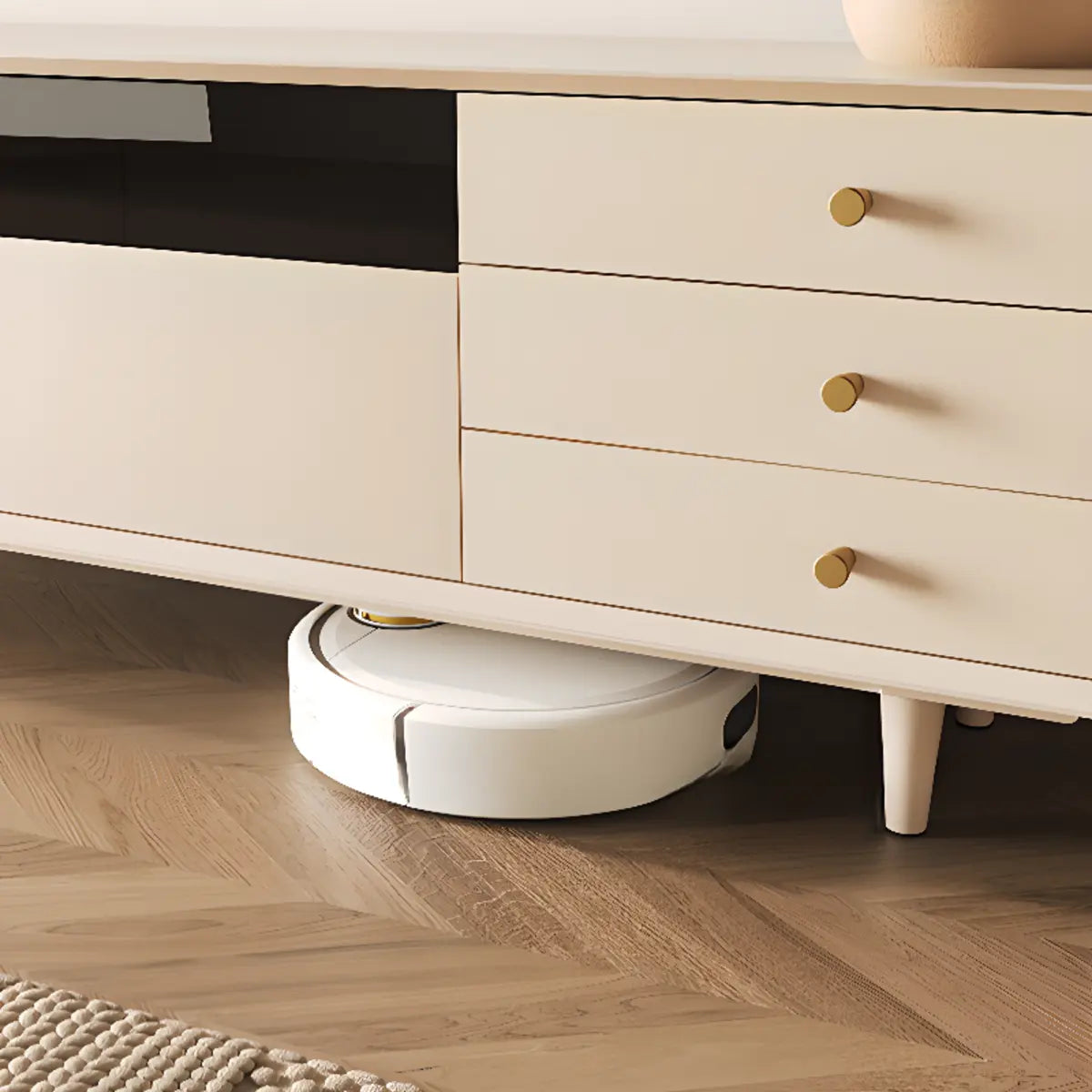 Living Room White Wood Enclosed Storage Long TV Stand Image - 7