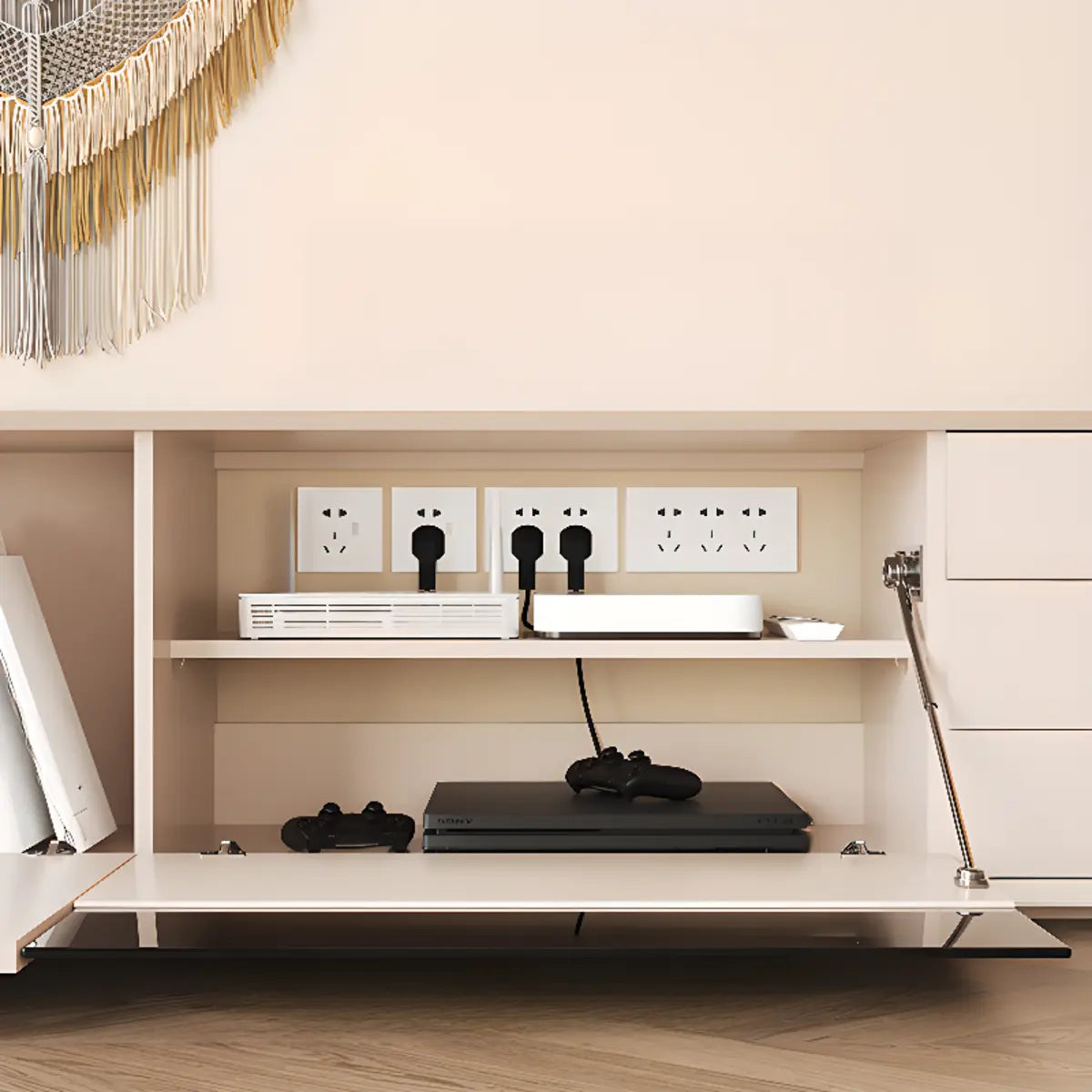 Living Room White Wood Enclosed Storage Long TV Stand Image - 8