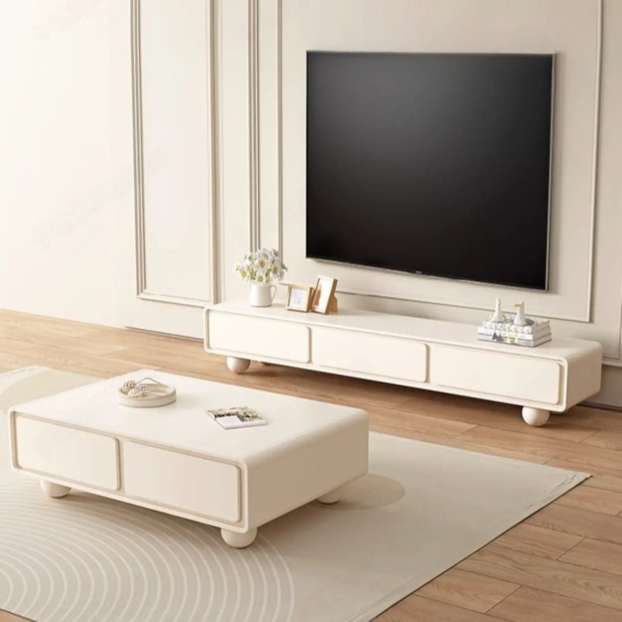 Living Room White Wood Rectangular Drawers TV Stand Image - 1
