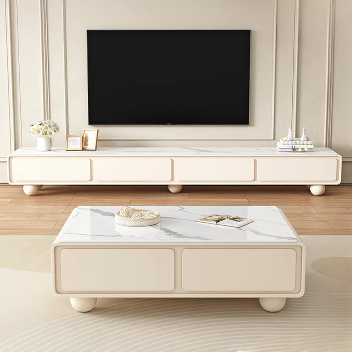 Living Room White Wood Rectangular Drawers TV Stand Image - 2