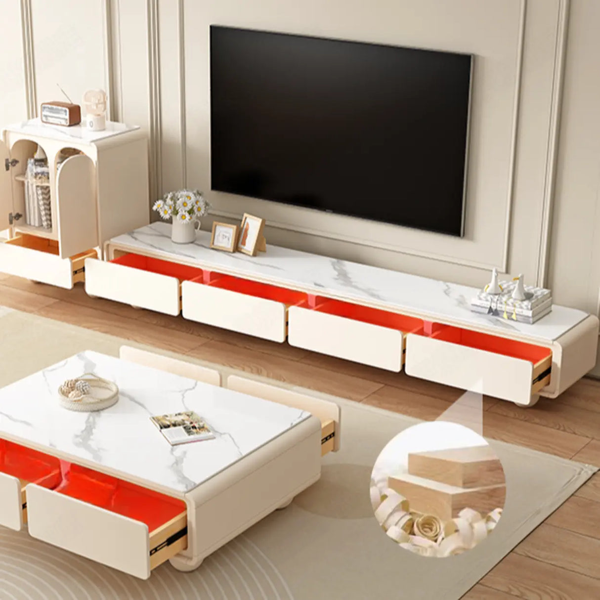 Living Room White Wood Rectangular Drawers TV Stand Image - 3