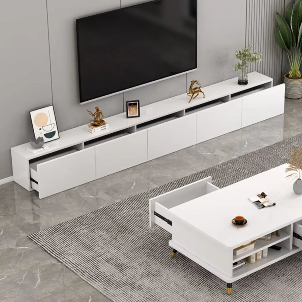 Living Room White Wooden Rectangular Drawers TV Stand Image - 3
