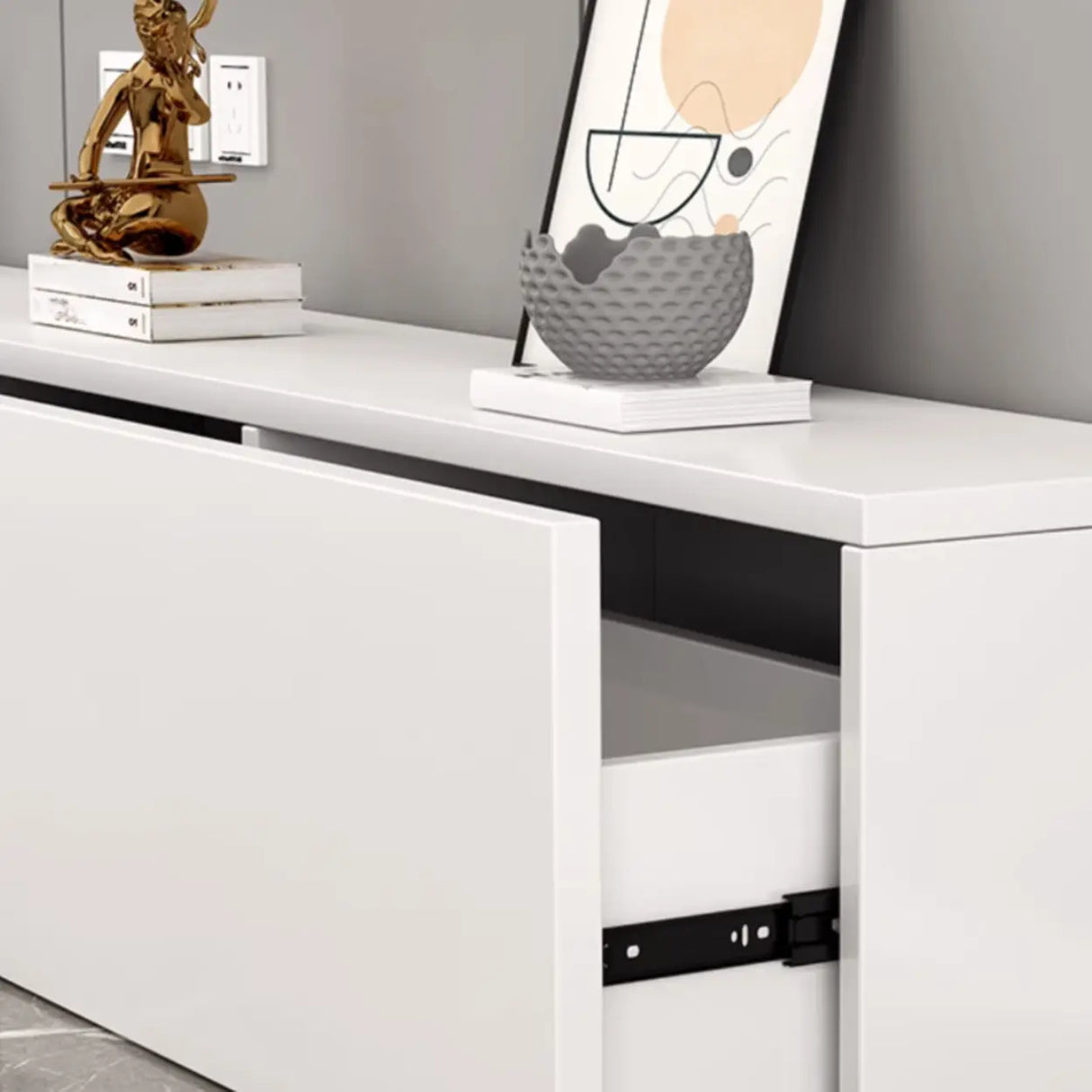 Living Room White Wooden Rectangular Drawers TV Stand Image - 6