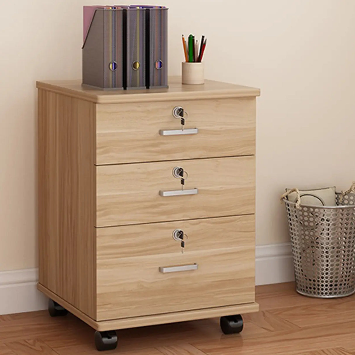 Lockable Mobile Wood Short Light Walnut Filing Cabinet Image - 1