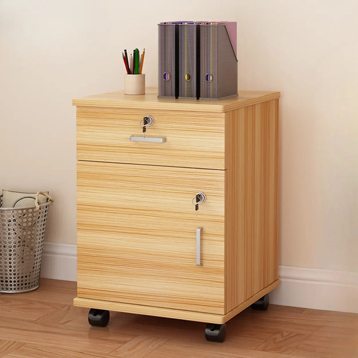 Lockable Mobile Wood Short Light Walnut Filing Cabinet Image - 10