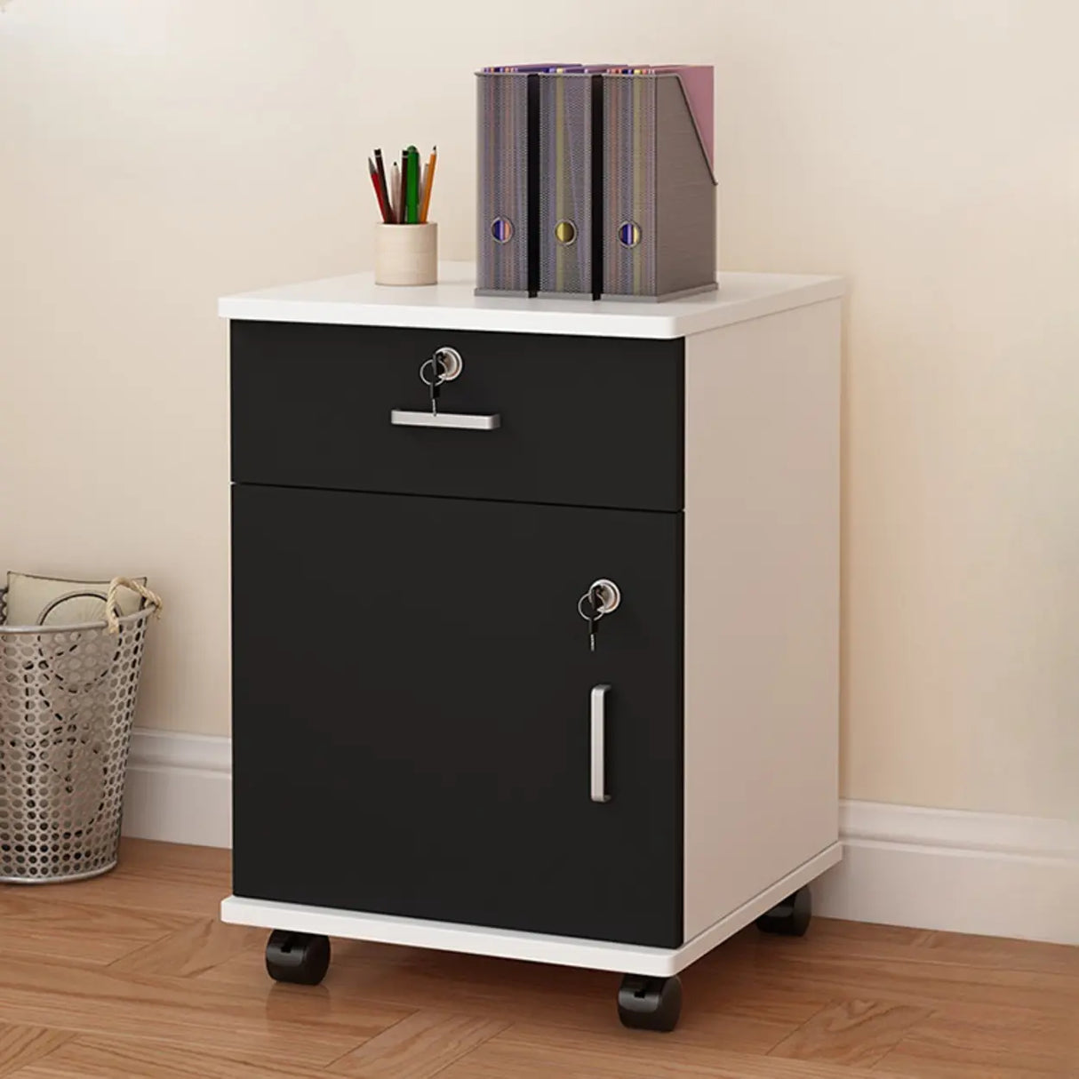 Lockable Mobile Wood Short Light Walnut Filing Cabinet Image - 12