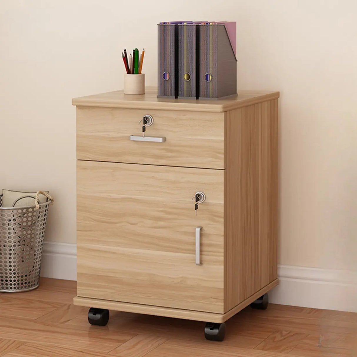 Lockable Mobile Wood Short Light Walnut Filing Cabinet Image - 13