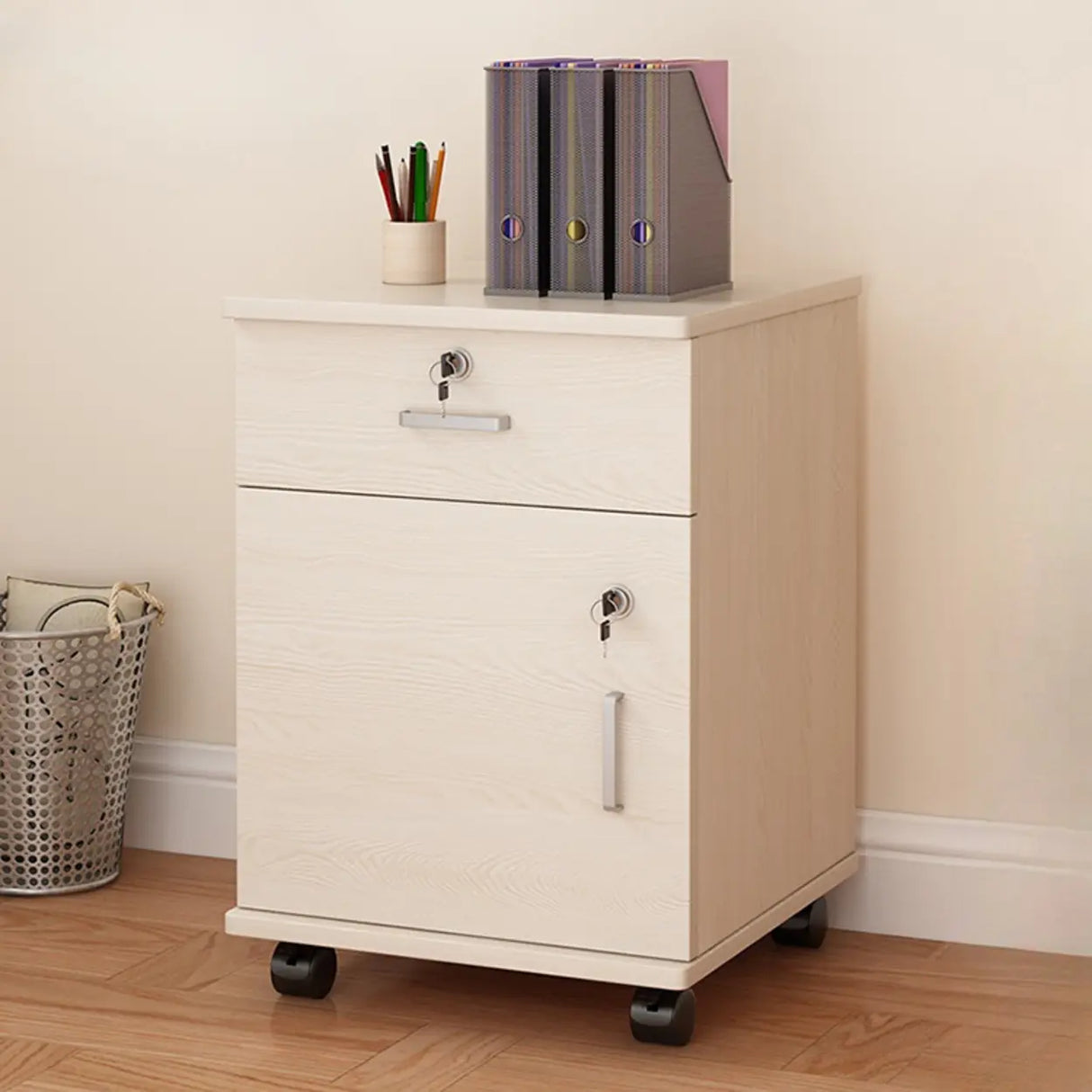 Lockable Mobile Wood Short Light Walnut Filing Cabinet Image - 16