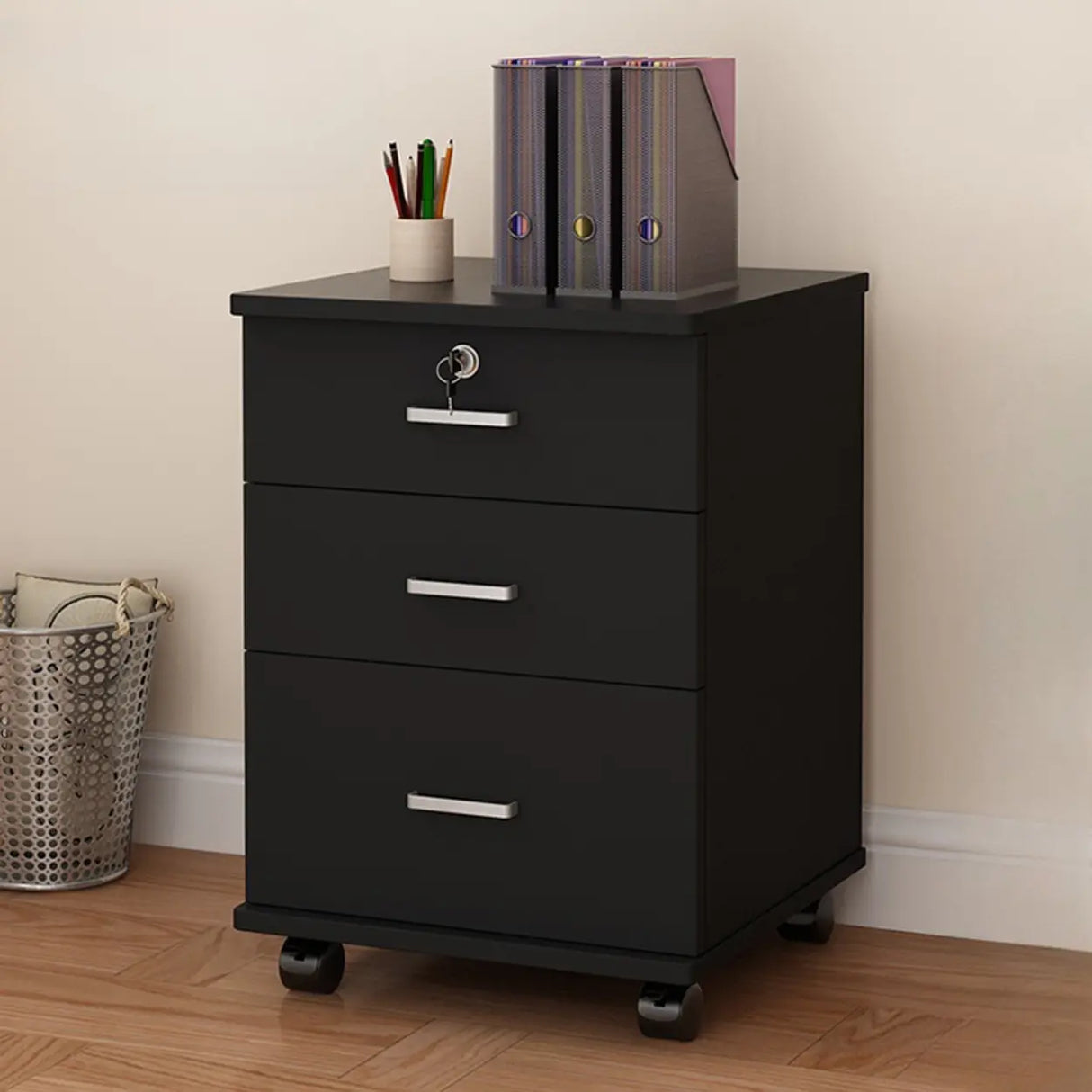 Lockable Mobile Wood Short Light Walnut Filing Cabinet Image - 17