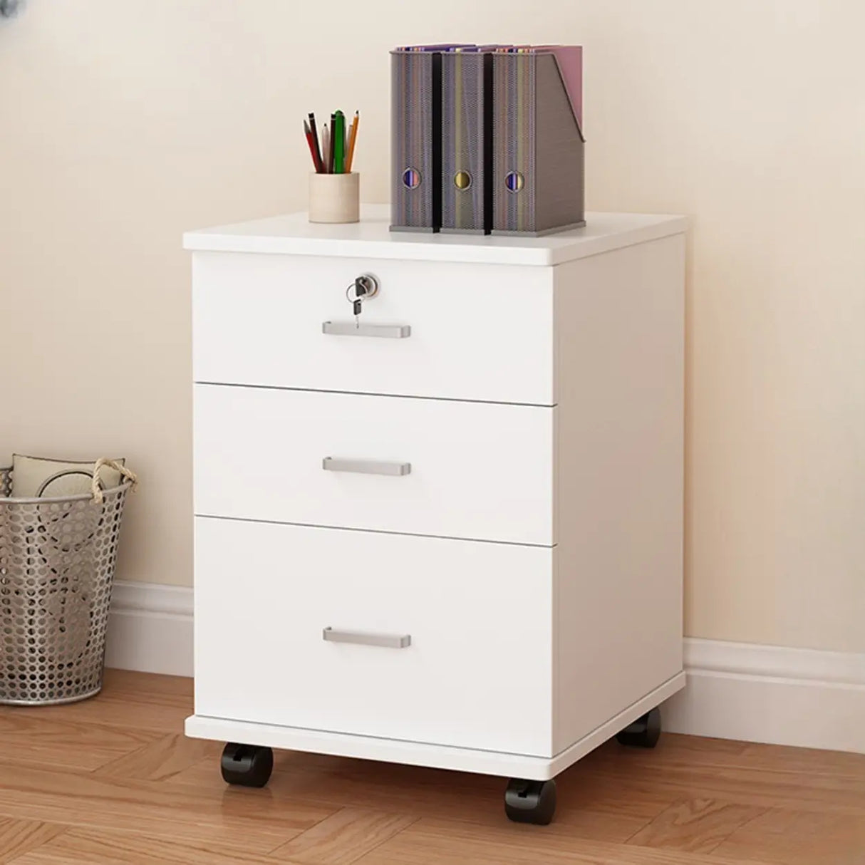 Lockable Mobile Wood Short Light Walnut Filing Cabinet Image - 18