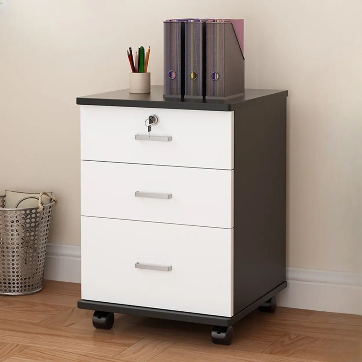 Lockable Mobile Wood Short Light Walnut Filing Cabinet Image - 19