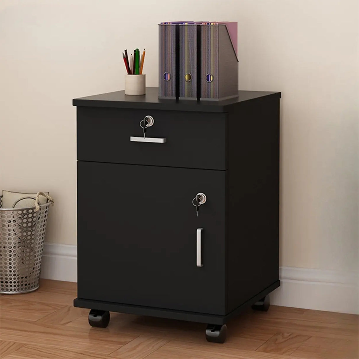 Lockable Mobile Wood Short Light Walnut Filing Cabinet Image - 2