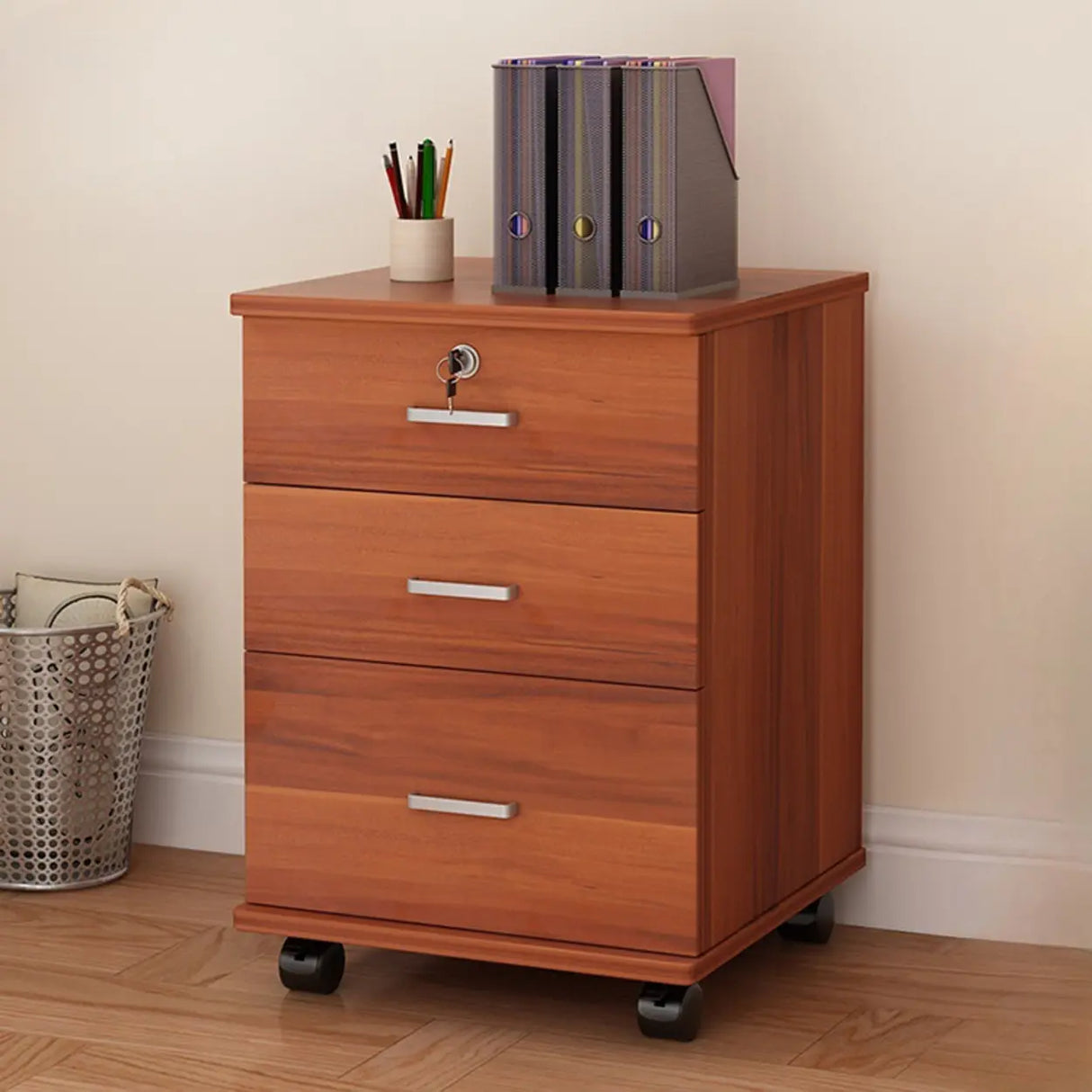 Lockable Mobile Wood Short Light Walnut Filing Cabinet Image - 20