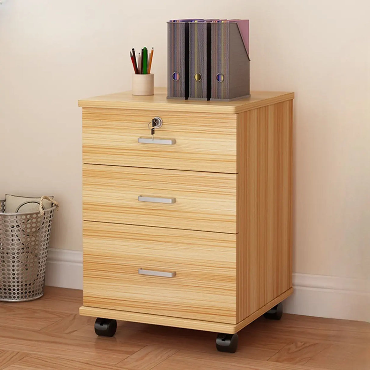 Lockable Mobile Wood Short Light Walnut Filing Cabinet Image - 21