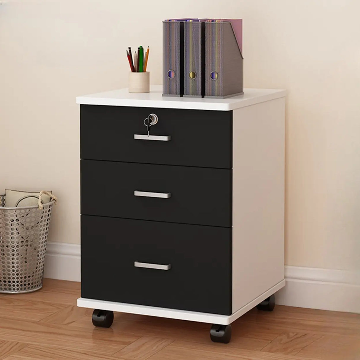 Lockable Mobile Wood Short Light Walnut Filing Cabinet Image - 22